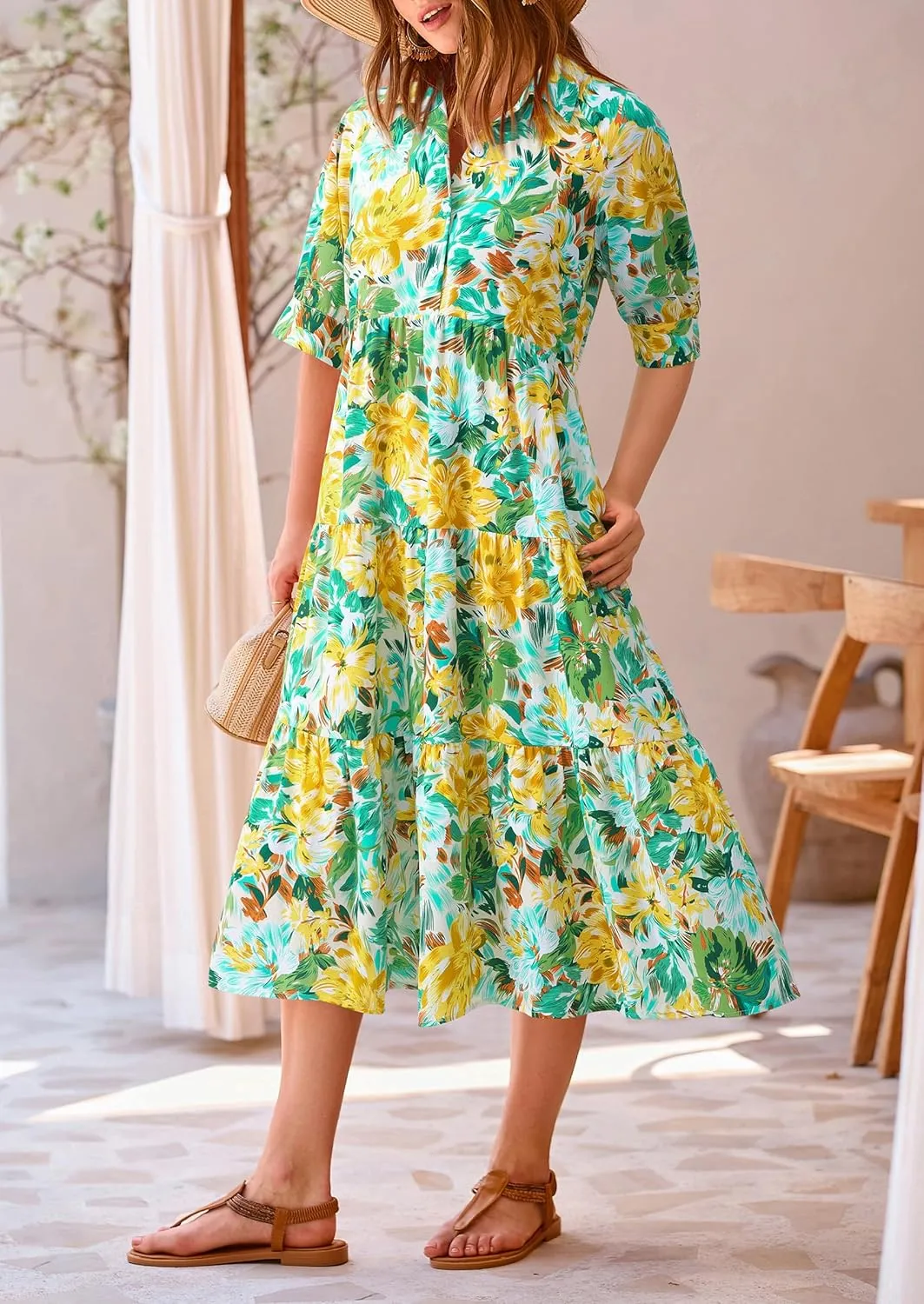 PRETTYGARDEN Women's Summer Beach Maxi Dress Short Sleeve Buttons Tiered Ruffle A Line Swing Dresses