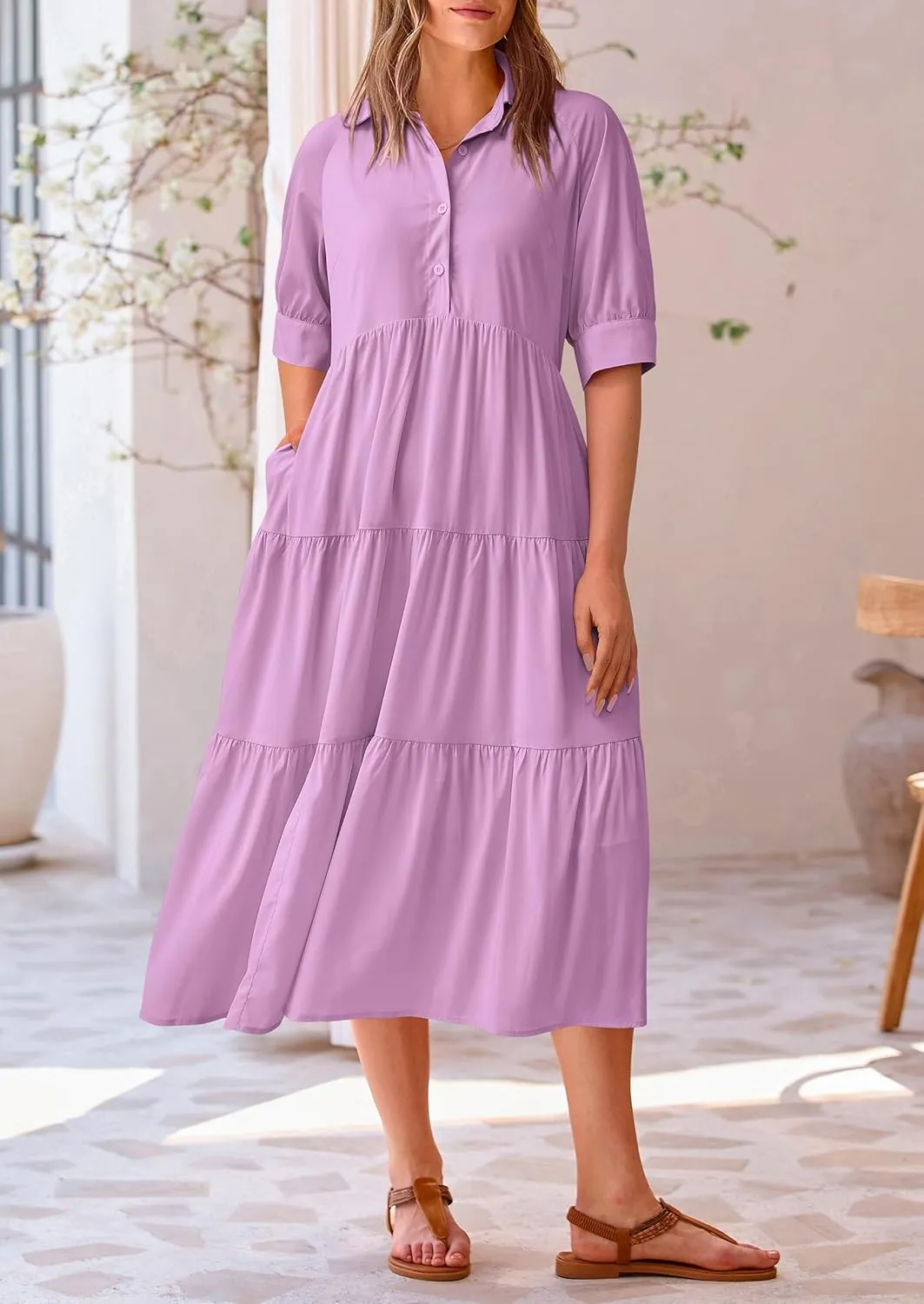 PRETTYGARDEN Women's Summer Beach Maxi Dress Short Sleeve Buttons Tiered Ruffle A Line Swing Dresses