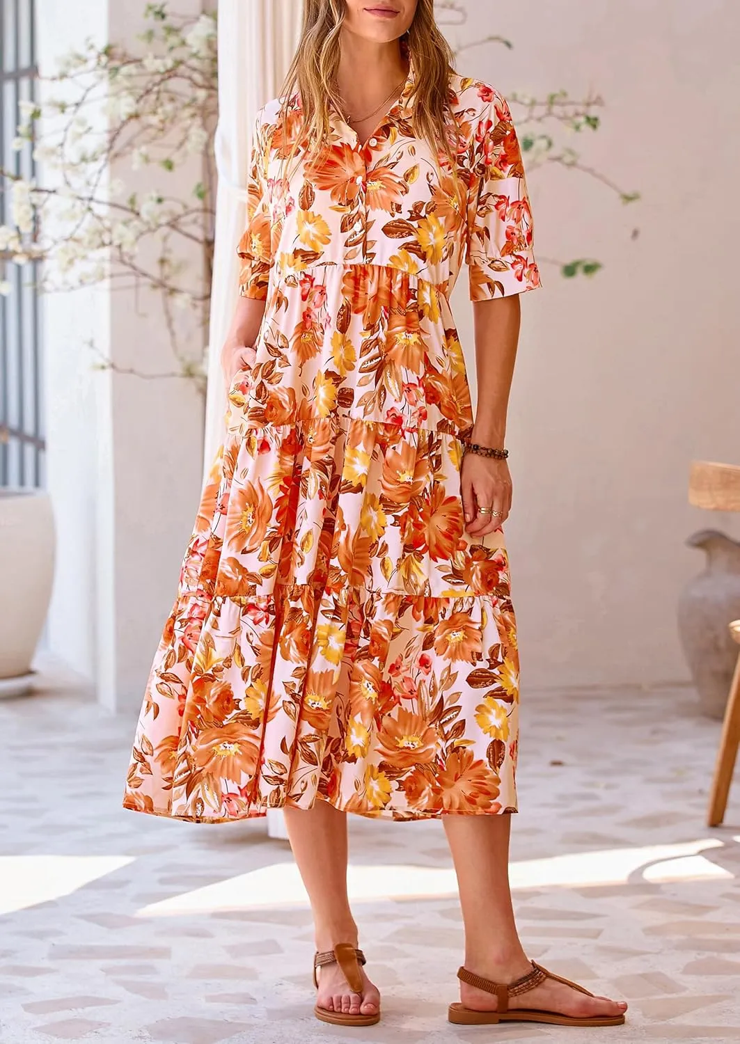 PRETTYGARDEN Women's Summer Beach Maxi Dress Short Sleeve Buttons Tiered Ruffle A Line Swing Dresses