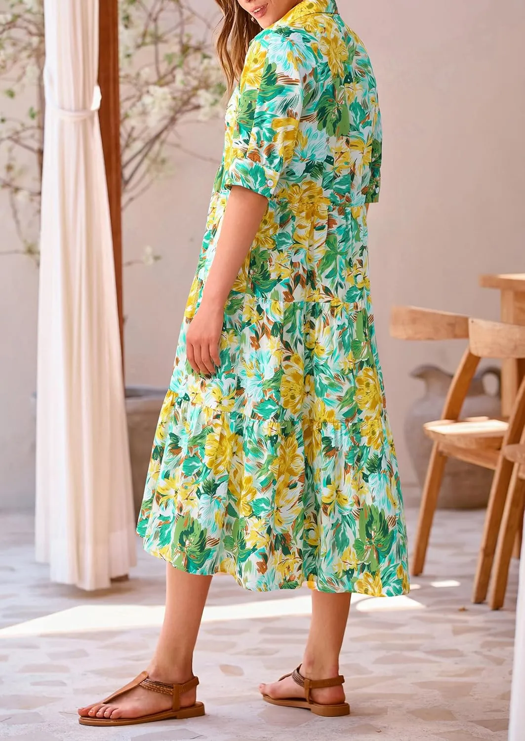 PRETTYGARDEN Women's Summer Beach Maxi Dress Short Sleeve Buttons Tiered Ruffle A Line Swing Dresses