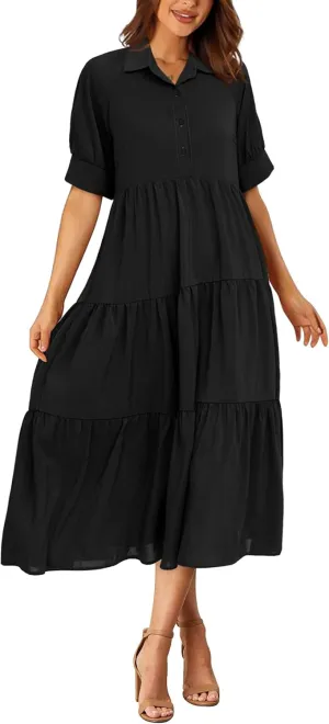 PRETTYGARDEN Women's Summer Beach Maxi Dress Short Sleeve Buttons Tiered Ruffle A Line Swing Dresses