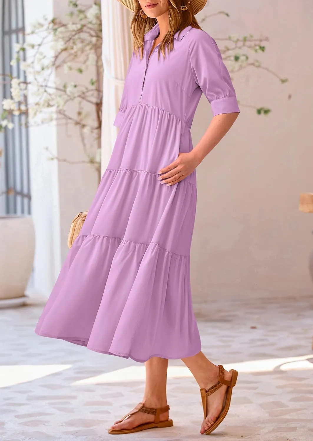 PRETTYGARDEN Women's Summer Beach Maxi Dress Short Sleeve Buttons Tiered Ruffle A Line Swing Dresses