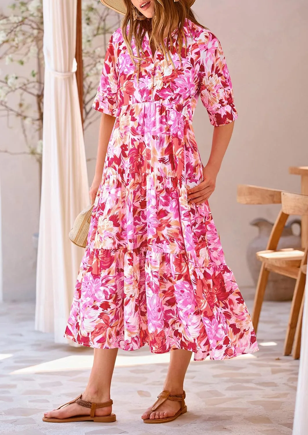 PRETTYGARDEN Women's Summer Beach Maxi Dress Short Sleeve Buttons Tiered Ruffle A Line Swing Dresses