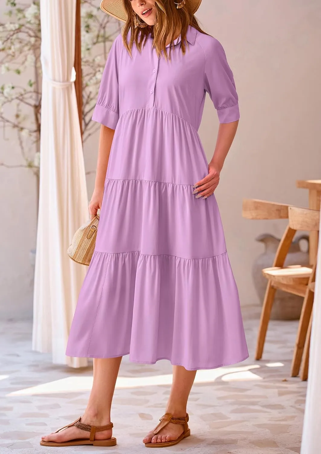 PRETTYGARDEN Women's Summer Beach Maxi Dress Short Sleeve Buttons Tiered Ruffle A Line Swing Dresses