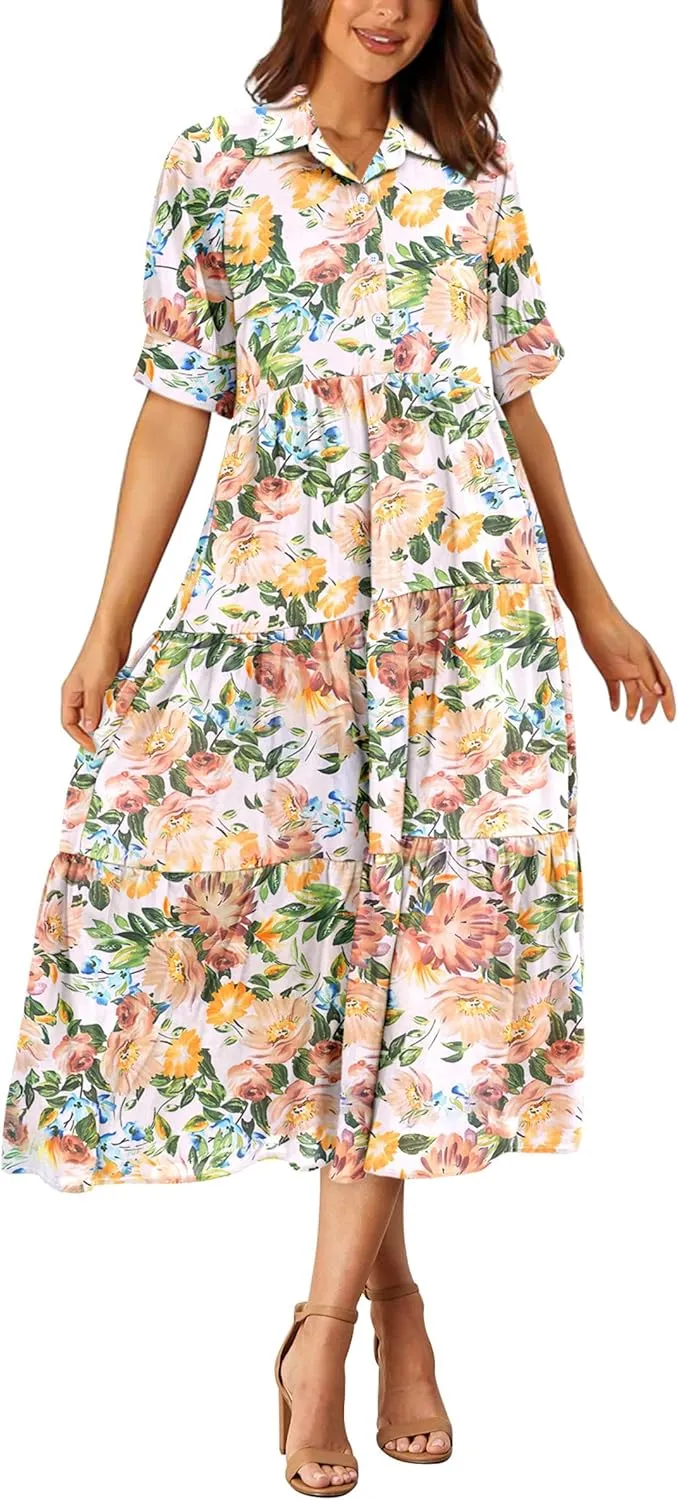 PRETTYGARDEN Women's Summer Beach Maxi Dress Short Sleeve Buttons Tiered Ruffle A Line Swing Dresses
