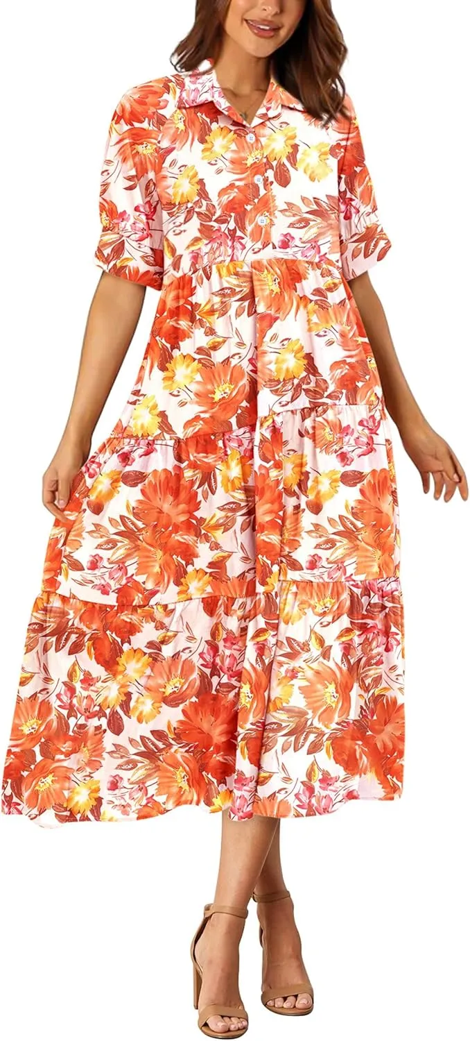 PRETTYGARDEN Women's Summer Beach Maxi Dress Short Sleeve Buttons Tiered Ruffle A Line Swing Dresses