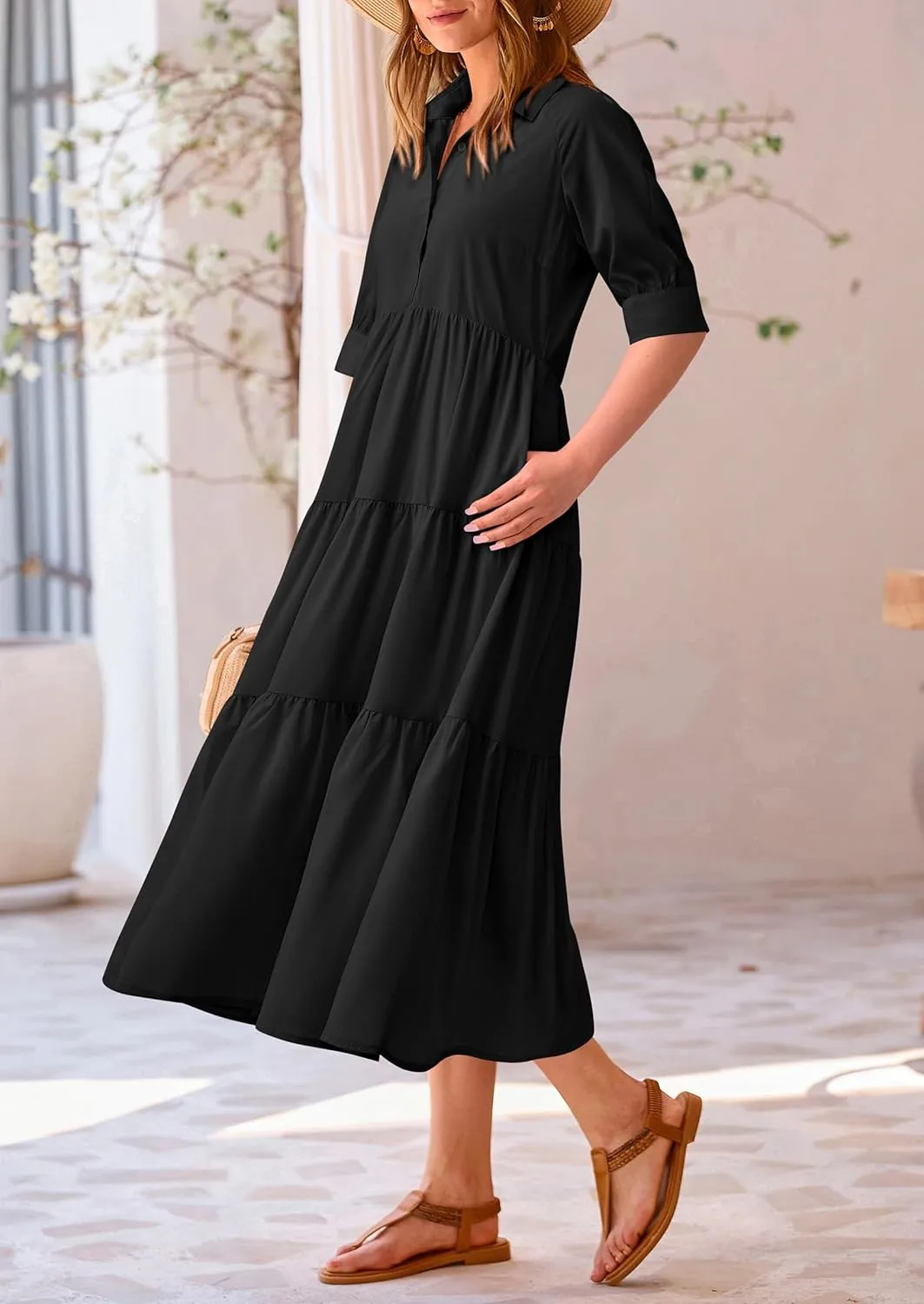 PRETTYGARDEN Women's Summer Beach Maxi Dress Short Sleeve Buttons Tiered Ruffle A Line Swing Dresses