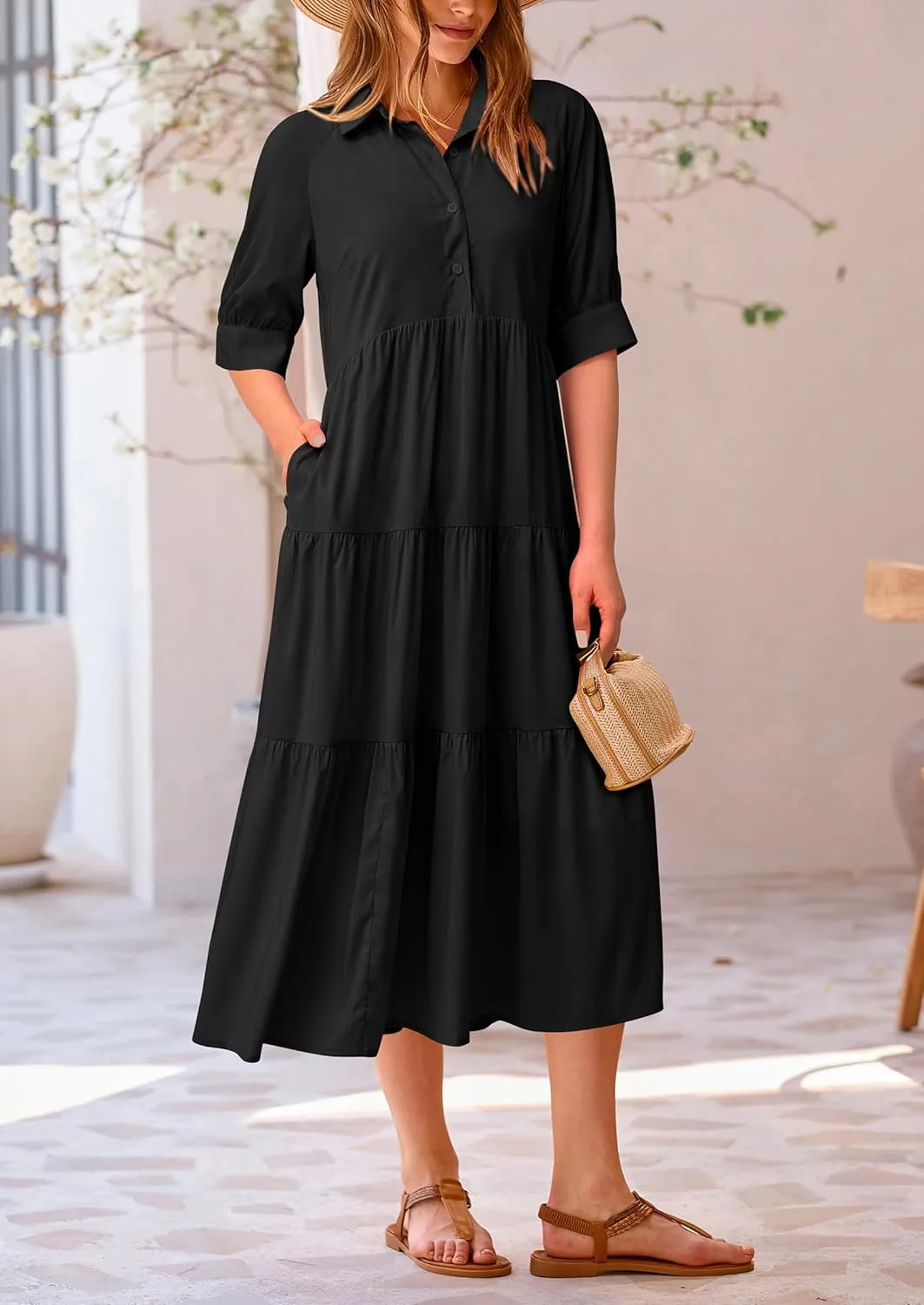 PRETTYGARDEN Women's Summer Beach Maxi Dress Short Sleeve Buttons Tiered Ruffle A Line Swing Dresses