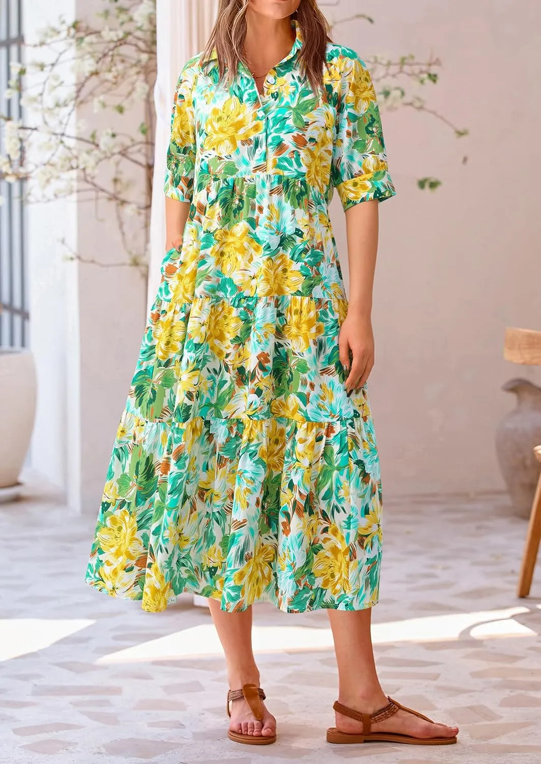 PRETTYGARDEN Women's Summer Beach Maxi Dress Short Sleeve Buttons Tiered Ruffle A Line Swing Dresses