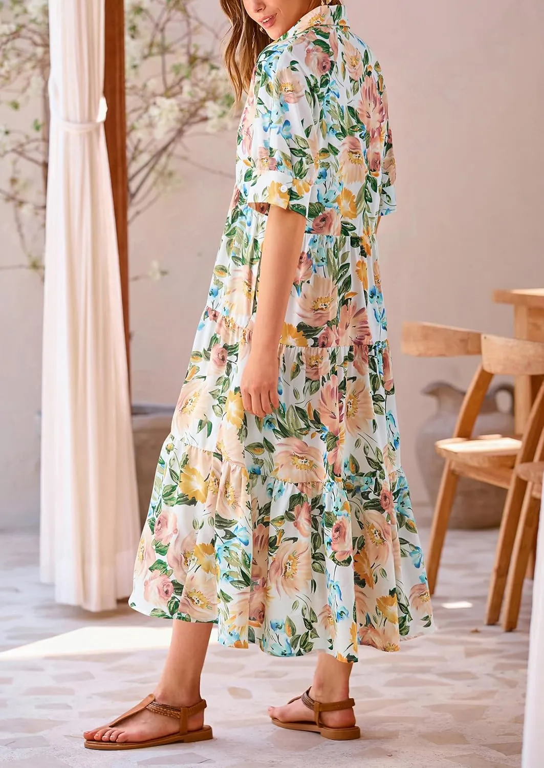 PRETTYGARDEN Women's Summer Beach Maxi Dress Short Sleeve Buttons Tiered Ruffle A Line Swing Dresses
