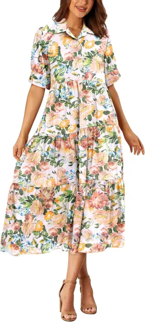 PRETTYGARDEN Women's Summer Beach Maxi Dress Short Sleeve Buttons Tiered Ruffle A Line Swing Dresses