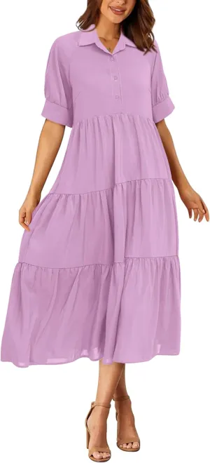PRETTYGARDEN Women's Summer Beach Maxi Dress Short Sleeve Buttons Tiered Ruffle A Line Swing Dresses