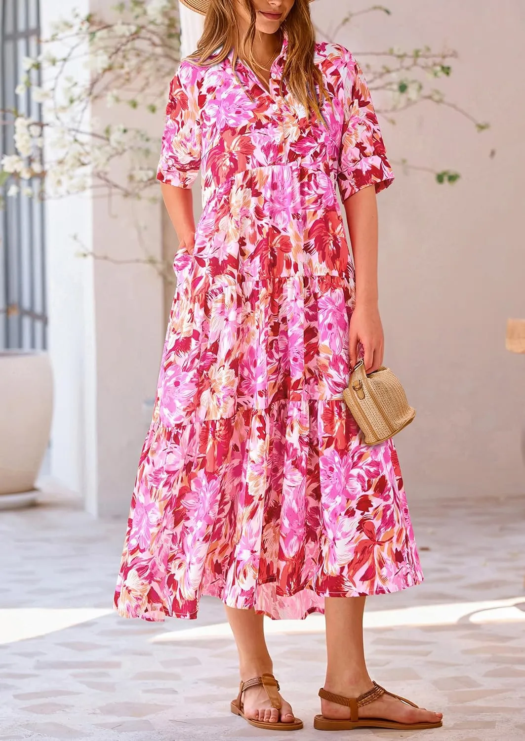 PRETTYGARDEN Women's Summer Beach Maxi Dress Short Sleeve Buttons Tiered Ruffle A Line Swing Dresses