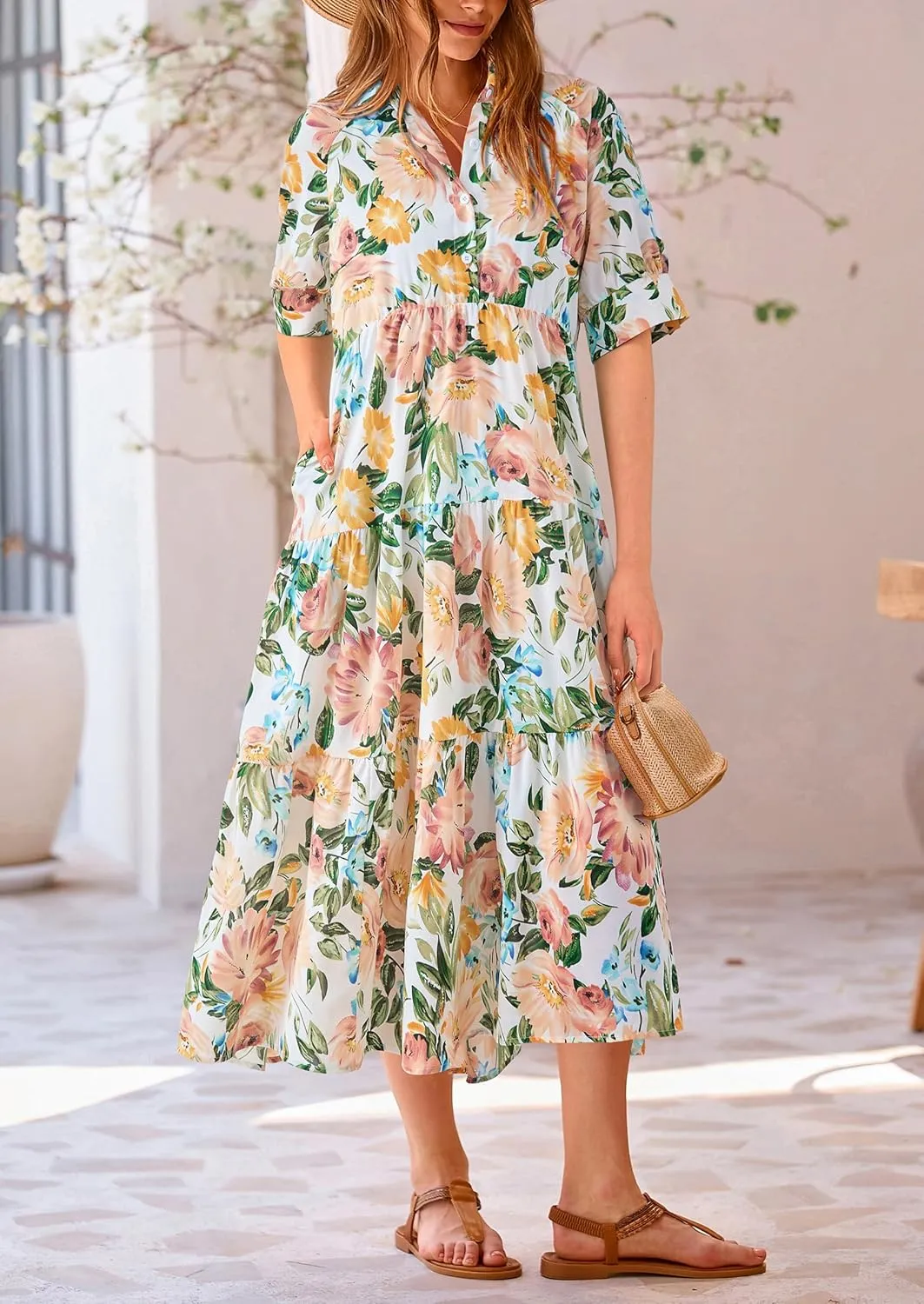 PRETTYGARDEN Women's Summer Beach Maxi Dress Short Sleeve Buttons Tiered Ruffle A Line Swing Dresses