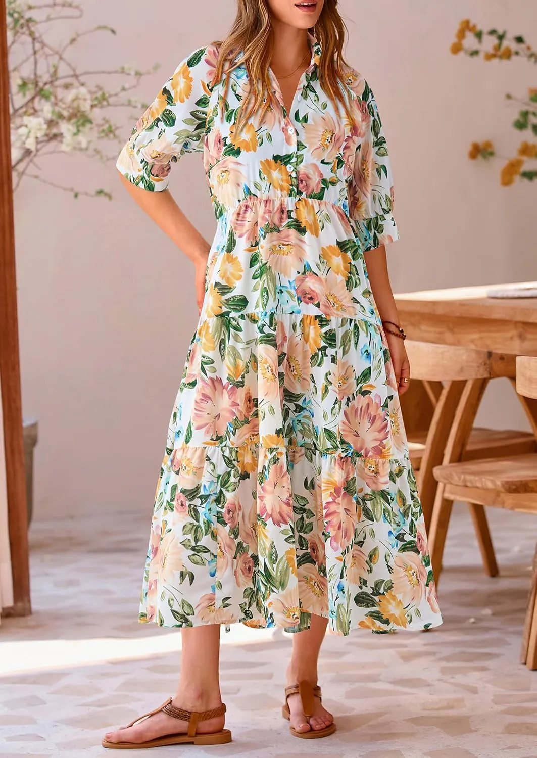 PRETTYGARDEN Women's Summer Beach Maxi Dress Short Sleeve Buttons Tiered Ruffle A Line Swing Dresses
