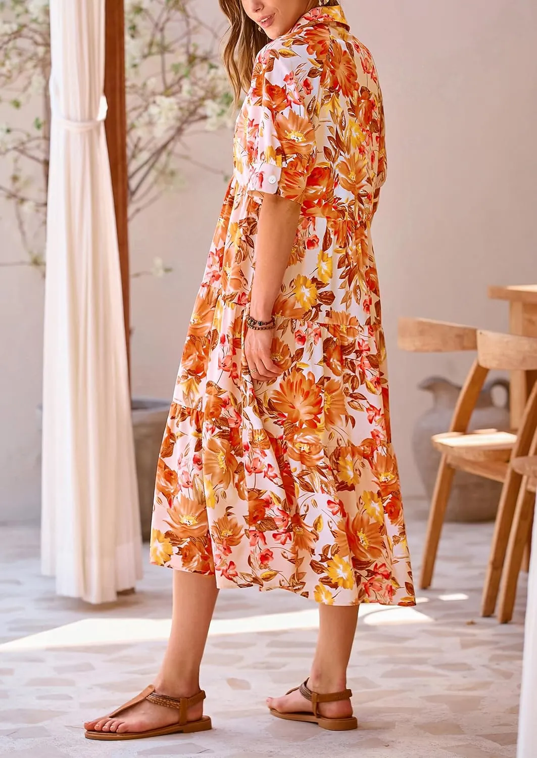 PRETTYGARDEN Women's Summer Beach Maxi Dress Short Sleeve Buttons Tiered Ruffle A Line Swing Dresses