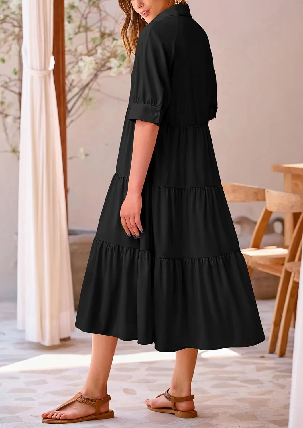 PRETTYGARDEN Women's Summer Beach Maxi Dress Short Sleeve Buttons Tiered Ruffle A Line Swing Dresses