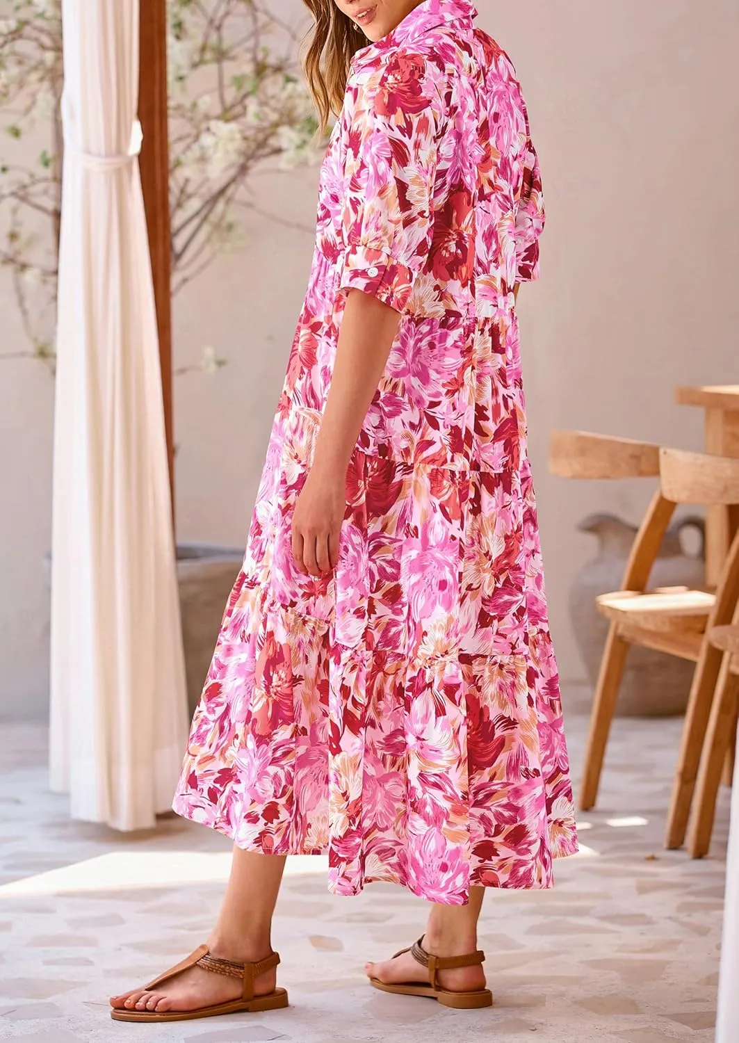 PRETTYGARDEN Women's Summer Beach Maxi Dress Short Sleeve Buttons Tiered Ruffle A Line Swing Dresses