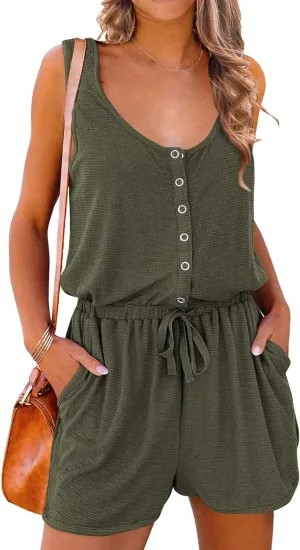PRETTYGARDEN Women's Summer Casual Shorts Jumpsuit Plain Scoop Neck Button Down Sleeveless Tank Top Rompers With Pockets