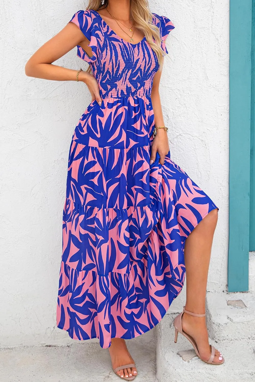 PRETTYGARDEN Women's Summer Flowy Maxi Dress Casual Cap Sleeve V Neck Smocked Beach Sundress