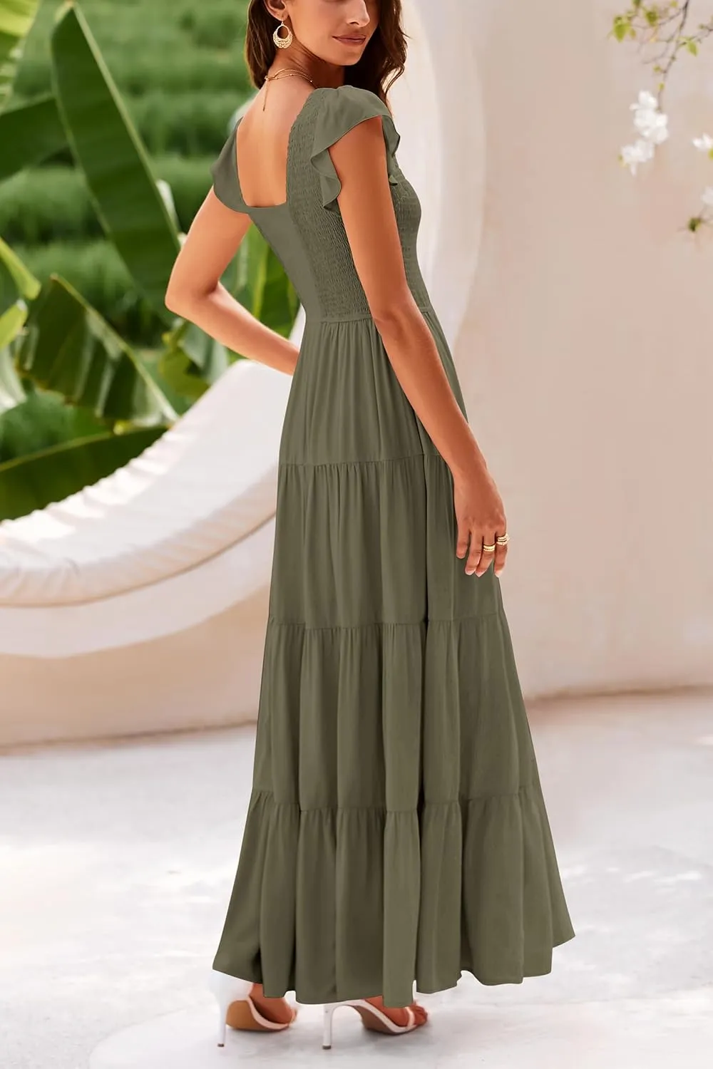PRETTYGARDEN Women's Summer Flowy Maxi Dress Casual Cap Sleeve V Neck Smocked Beach Sundress