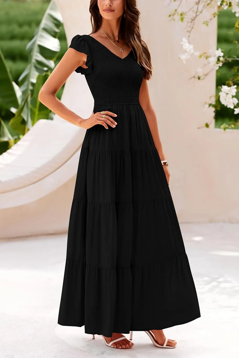 PRETTYGARDEN Women's Summer Flowy Maxi Dress Casual Cap Sleeve V Neck Smocked Beach Sundress