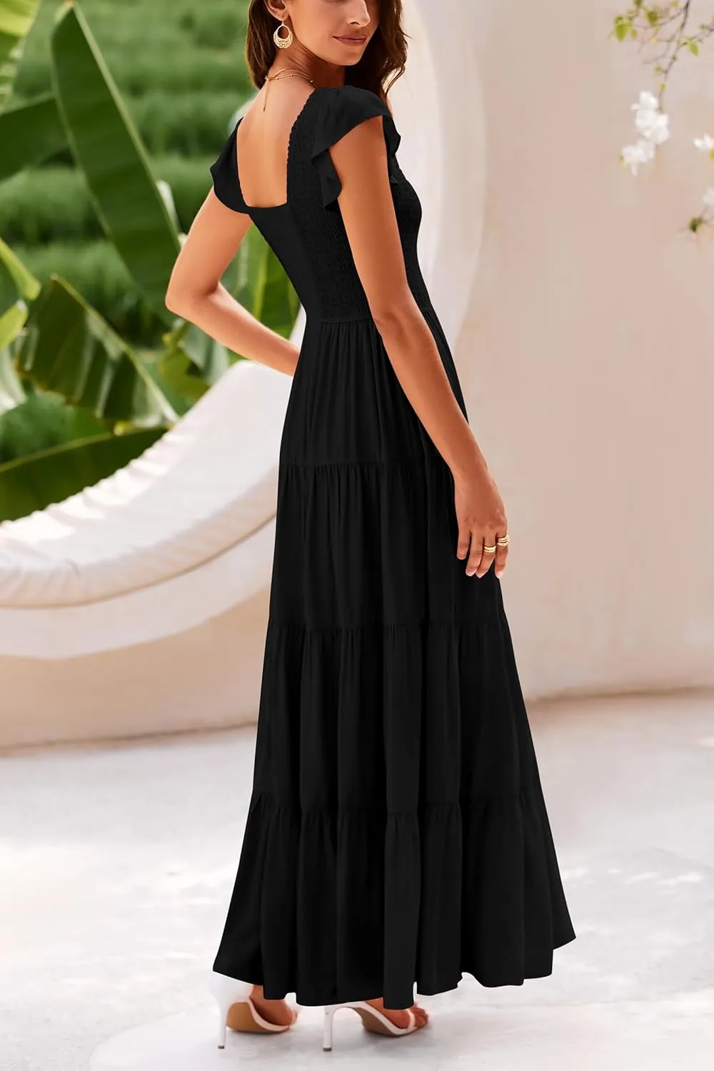 PRETTYGARDEN Women's Summer Flowy Maxi Dress Casual Cap Sleeve V Neck Smocked Beach Sundress
