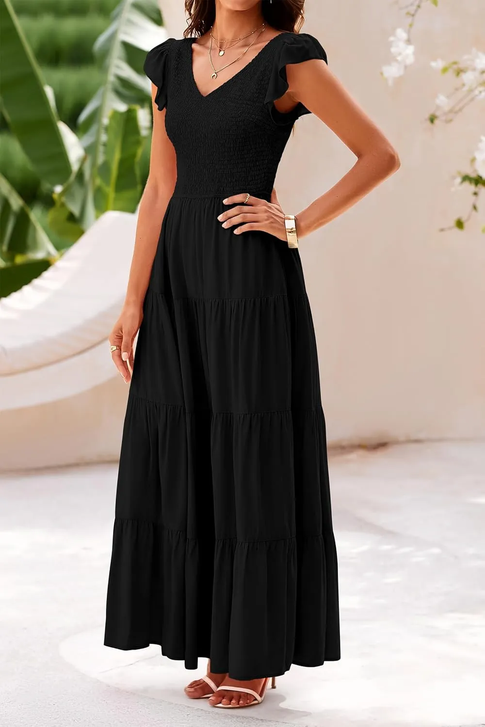 PRETTYGARDEN Women's Summer Flowy Maxi Dress Casual Cap Sleeve V Neck Smocked Beach Sundress