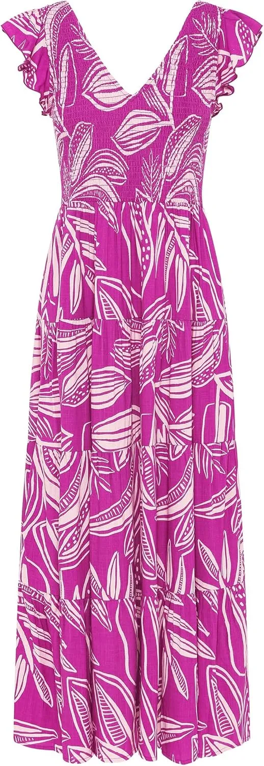 PRETTYGARDEN Women's Summer Flowy Maxi Dress Casual Cap Sleeve V Neck Smocked Beach Sundress