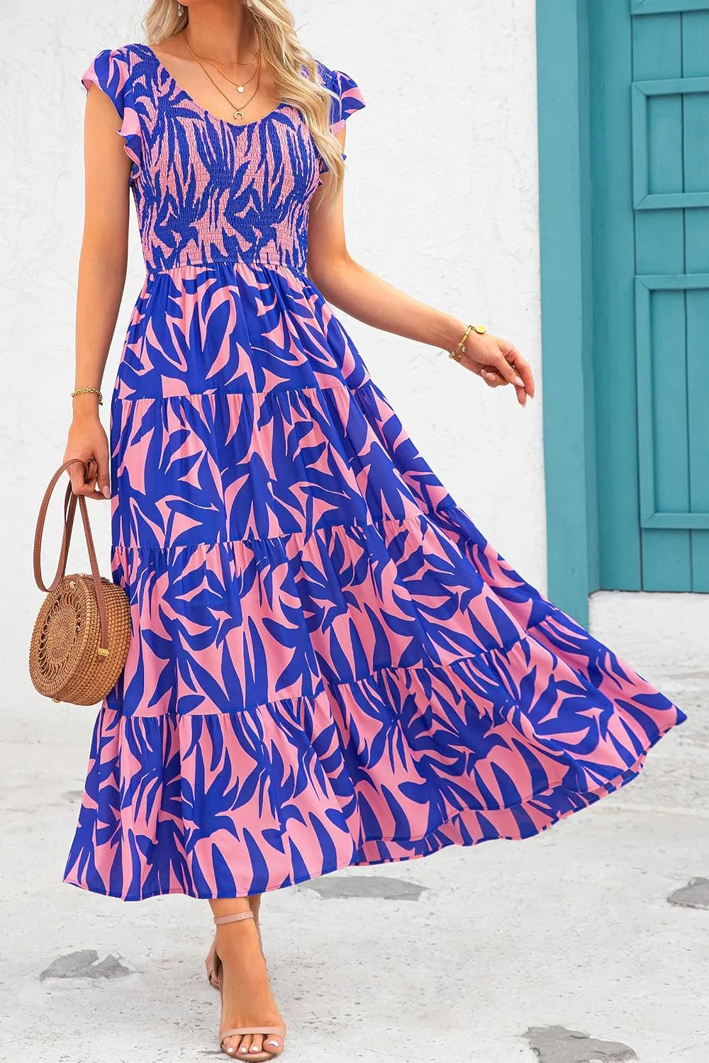 PRETTYGARDEN Women's Summer Flowy Maxi Dress Casual Cap Sleeve V Neck Smocked Beach Sundress