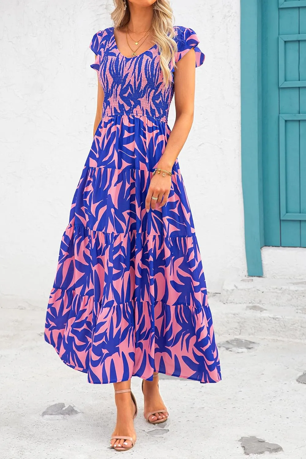 PRETTYGARDEN Women's Summer Flowy Maxi Dress Casual Cap Sleeve V Neck Smocked Beach Sundress