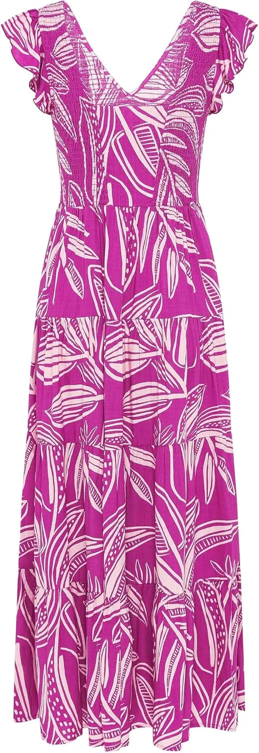 PRETTYGARDEN Women's Summer Flowy Maxi Dress Casual Cap Sleeve V Neck Smocked Beach Sundress