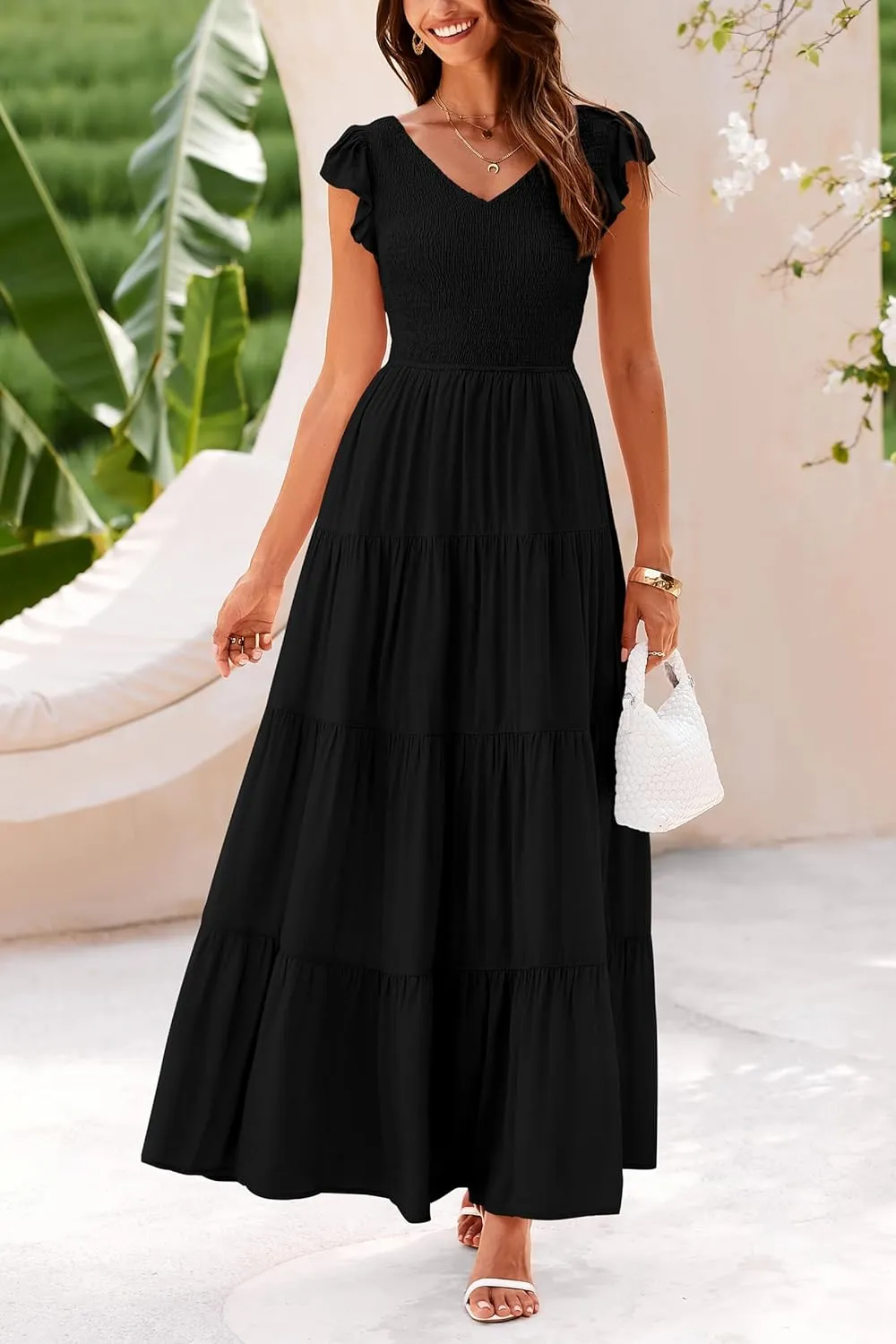 PRETTYGARDEN Women's Summer Flowy Maxi Dress Casual Cap Sleeve V Neck Smocked Beach Sundress