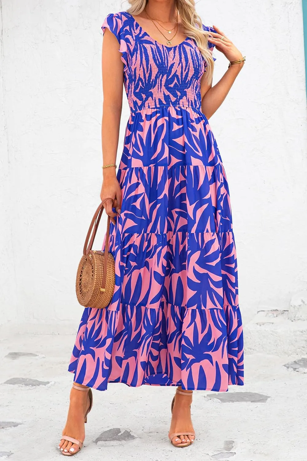 PRETTYGARDEN Women's Summer Flowy Maxi Dress Casual Cap Sleeve V Neck Smocked Beach Sundress