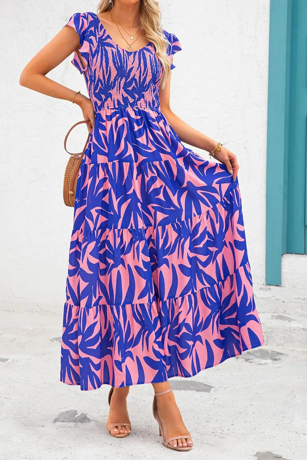 PRETTYGARDEN Women's Summer Flowy Maxi Dress Casual Cap Sleeve V Neck Smocked Beach Sundress