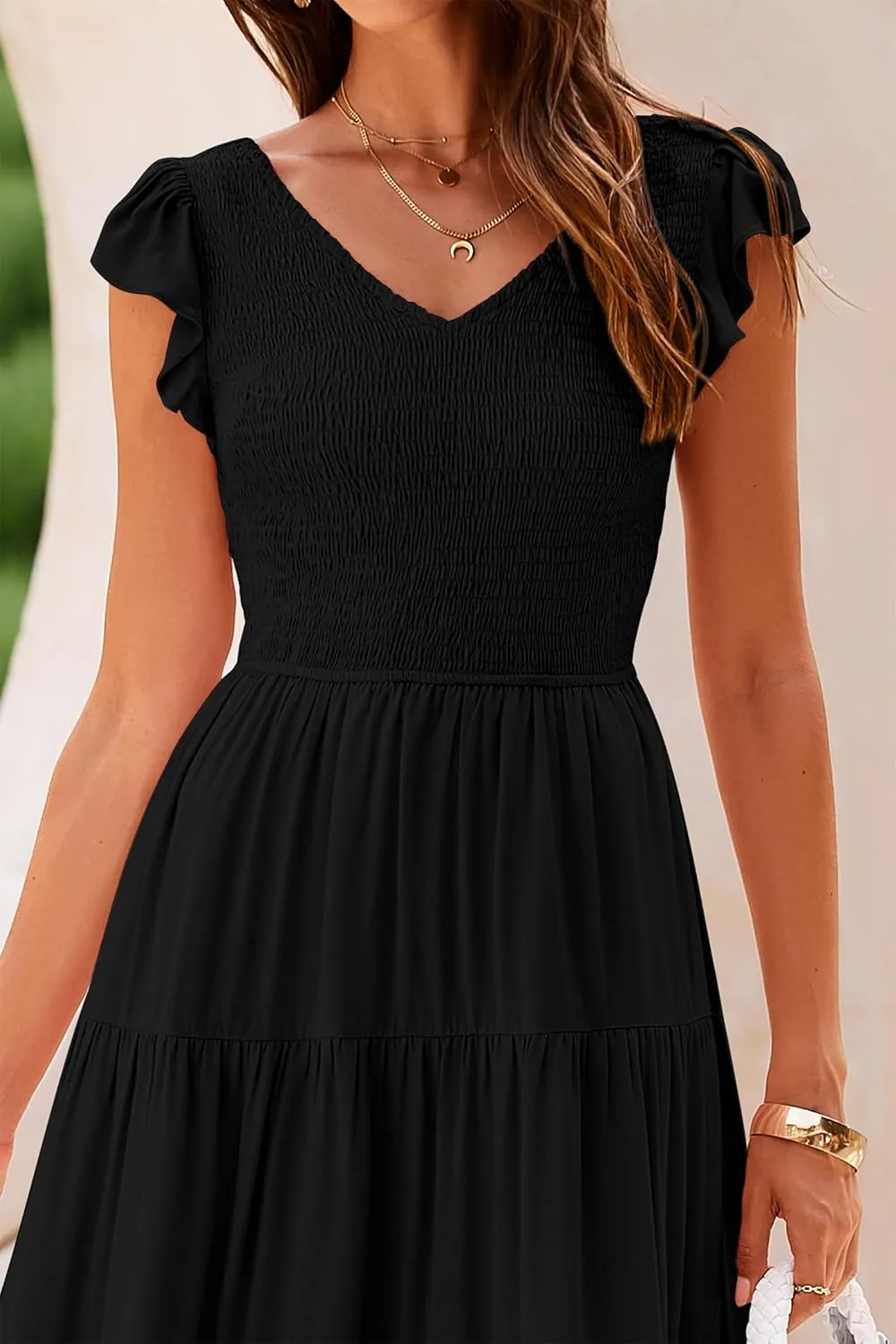 PRETTYGARDEN Women's Summer Flowy Maxi Dress Casual Cap Sleeve V Neck Smocked Beach Sundress