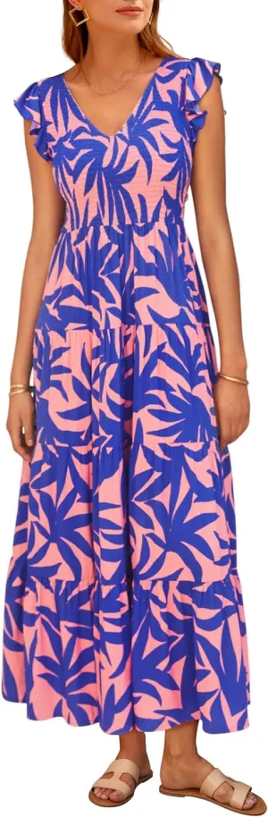 PRETTYGARDEN Women's Summer Flowy Maxi Dress Casual Cap Sleeve V Neck Smocked Beach Sundress