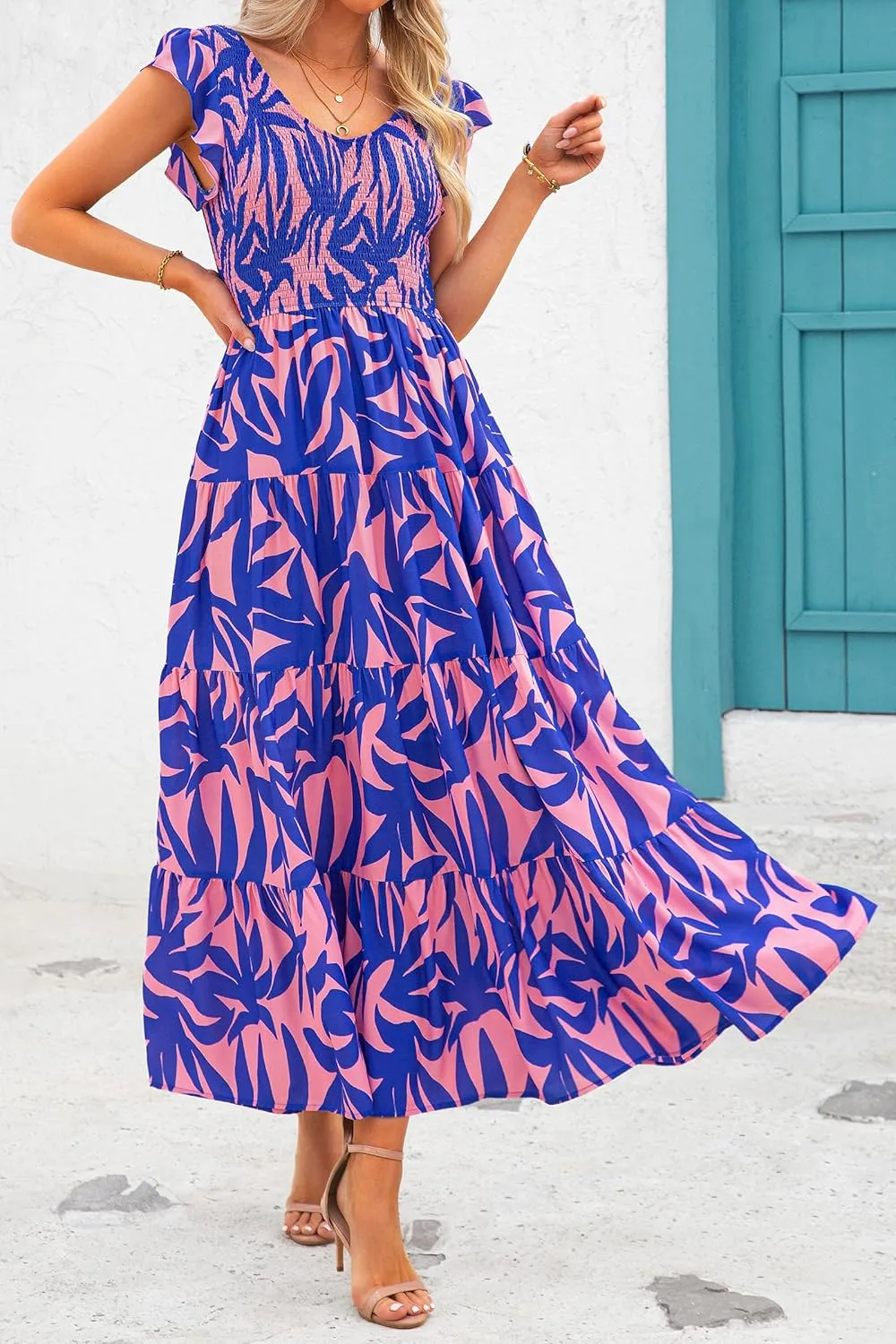 PRETTYGARDEN Women's Summer Flowy Maxi Dress Casual Cap Sleeve V Neck Smocked Beach Sundress