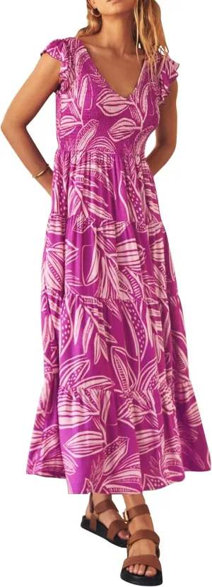 PRETTYGARDEN Women's Summer Flowy Maxi Dress Casual Cap Sleeve V Neck Smocked Beach Sundress