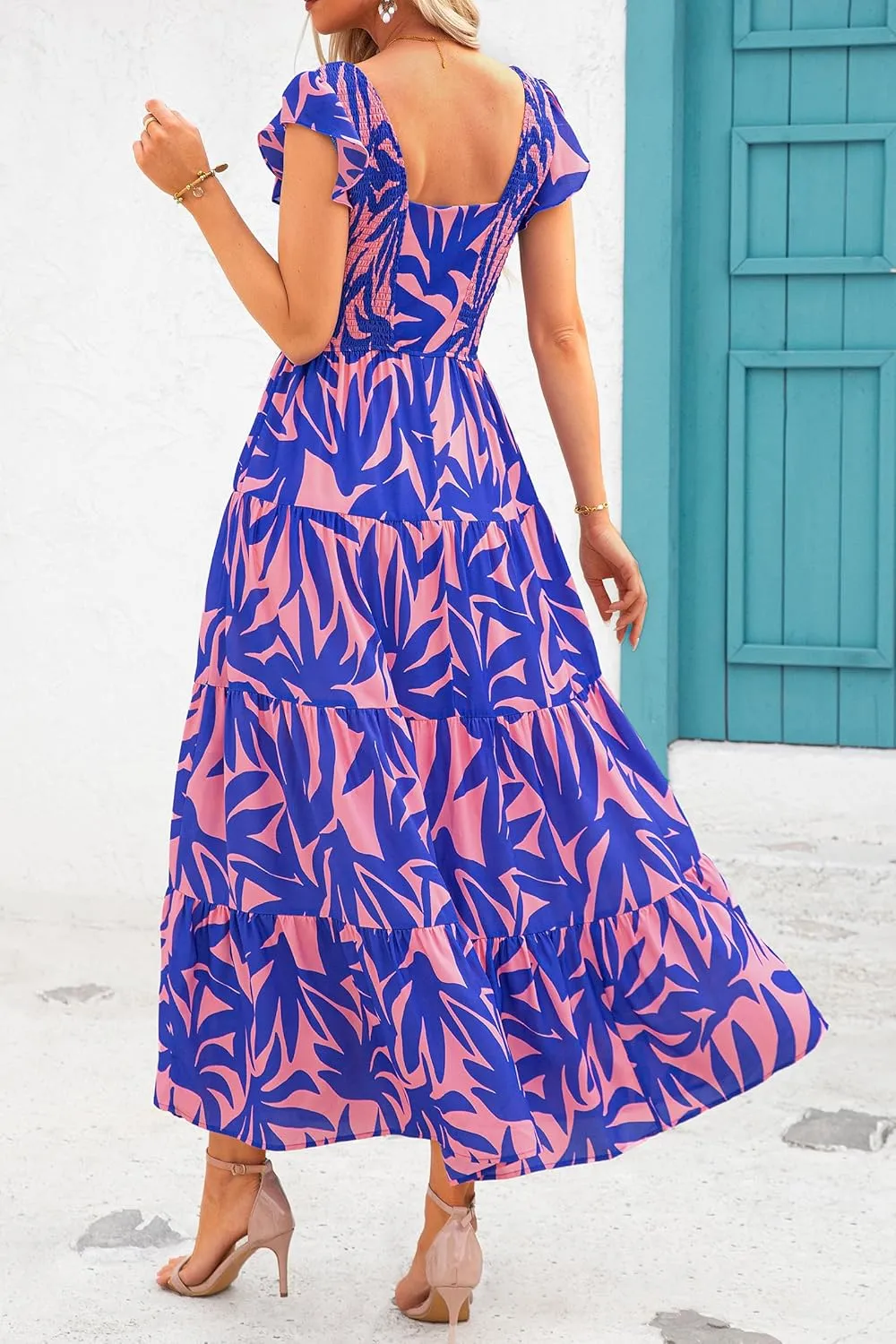 PRETTYGARDEN Women's Summer Flowy Maxi Dress Casual Cap Sleeve V Neck Smocked Beach Sundress