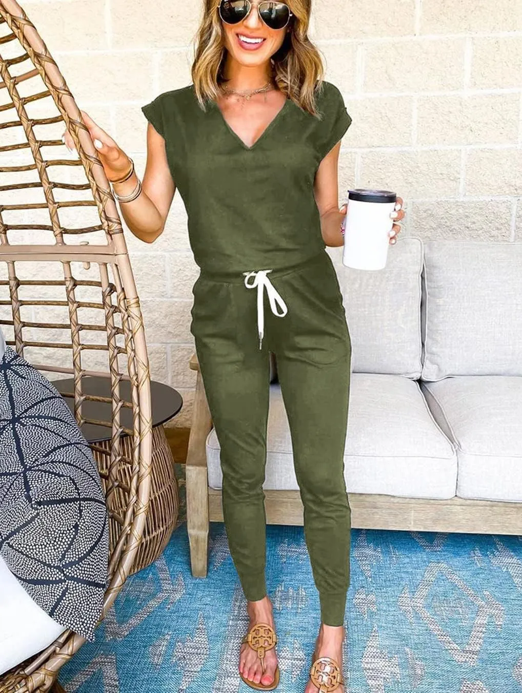 PRETTYGARDEN Women's Two Piece Tracksuit Casual Summer V Neck Short Sleeve Tops Drawstring Jogger Pants Lounge Outfit Sets