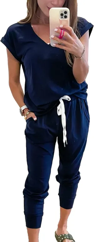 PRETTYGARDEN Women's Two Piece Tracksuit Casual Summer V Neck Short Sleeve Tops Drawstring Jogger Pants Lounge Outfit Sets