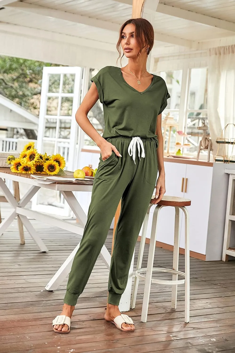 PRETTYGARDEN Women's Two Piece Tracksuit Casual Summer V Neck Short Sleeve Tops Drawstring Jogger Pants Lounge Outfit Sets