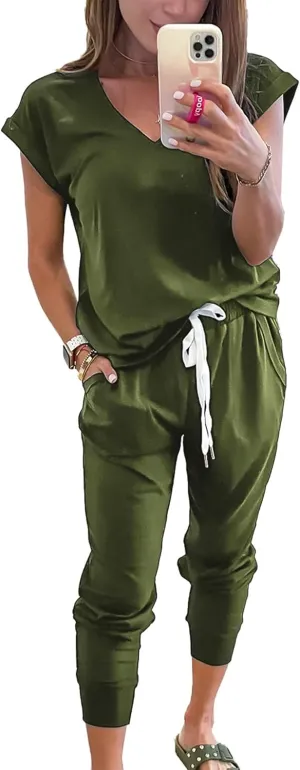 PRETTYGARDEN Women's Two Piece Tracksuit Casual Summer V Neck Short Sleeve Tops Drawstring Jogger Pants Lounge Outfit Sets
