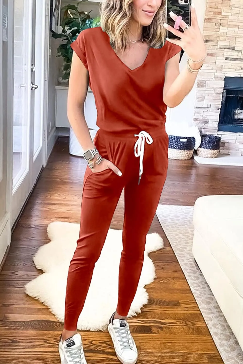 PRETTYGARDEN Women's Two Piece Tracksuit Casual Summer V Neck Short Sleeve Tops Drawstring Jogger Pants Lounge Outfit Sets