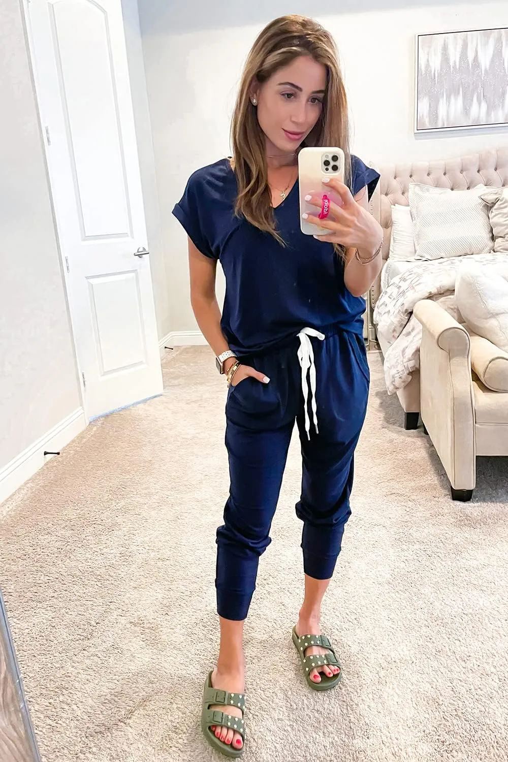 PRETTYGARDEN Women's Two Piece Tracksuit Casual Summer V Neck Short Sleeve Tops Drawstring Jogger Pants Lounge Outfit Sets