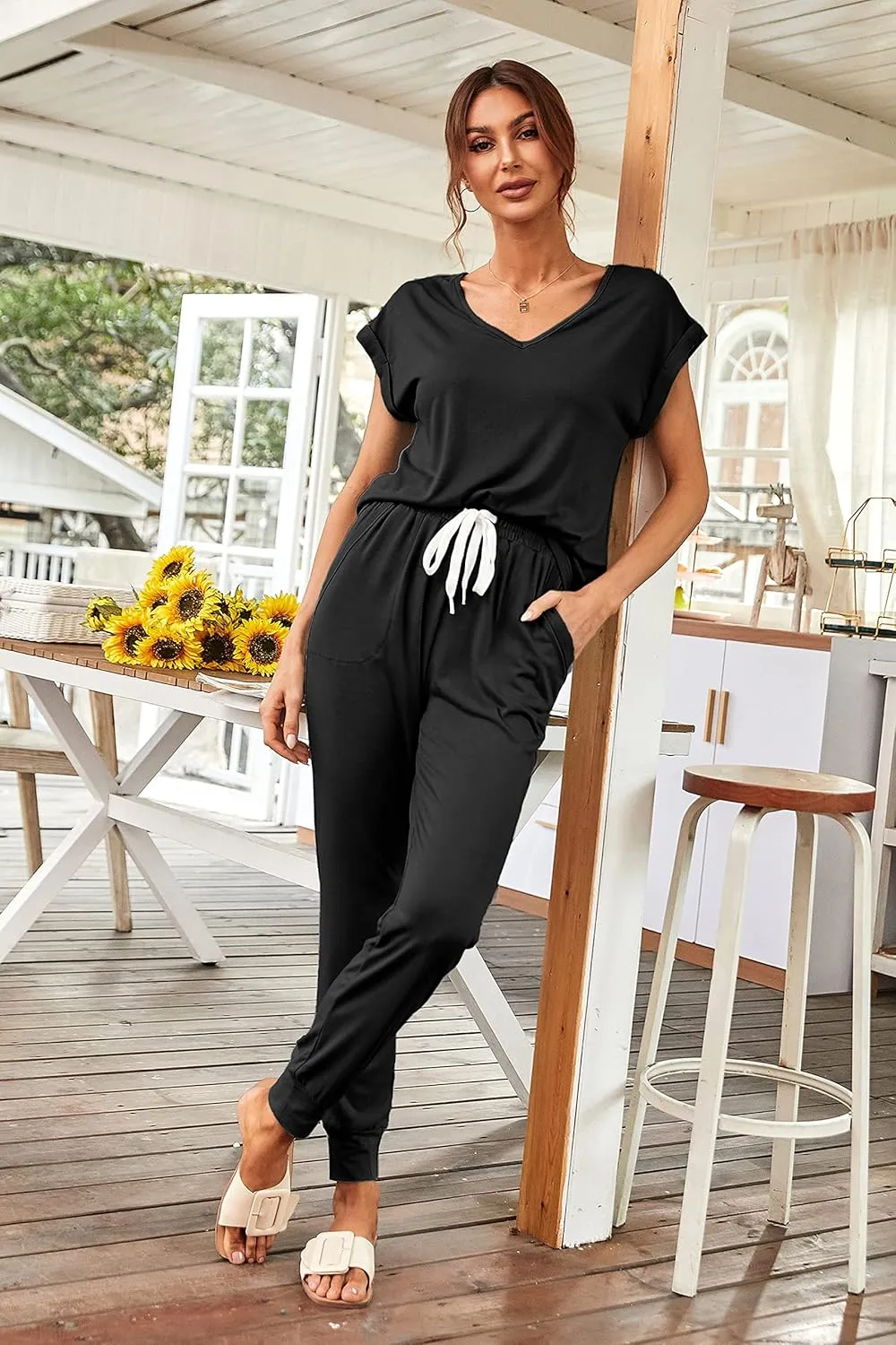 PRETTYGARDEN Women's Two Piece Tracksuit Casual Summer V Neck Short Sleeve Tops Drawstring Jogger Pants Lounge Outfit Sets