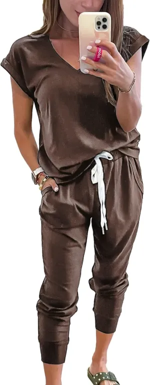 PRETTYGARDEN Women's Two Piece Tracksuit Casual Summer V Neck Short Sleeve Tops Drawstring Jogger Pants Lounge Outfit Sets