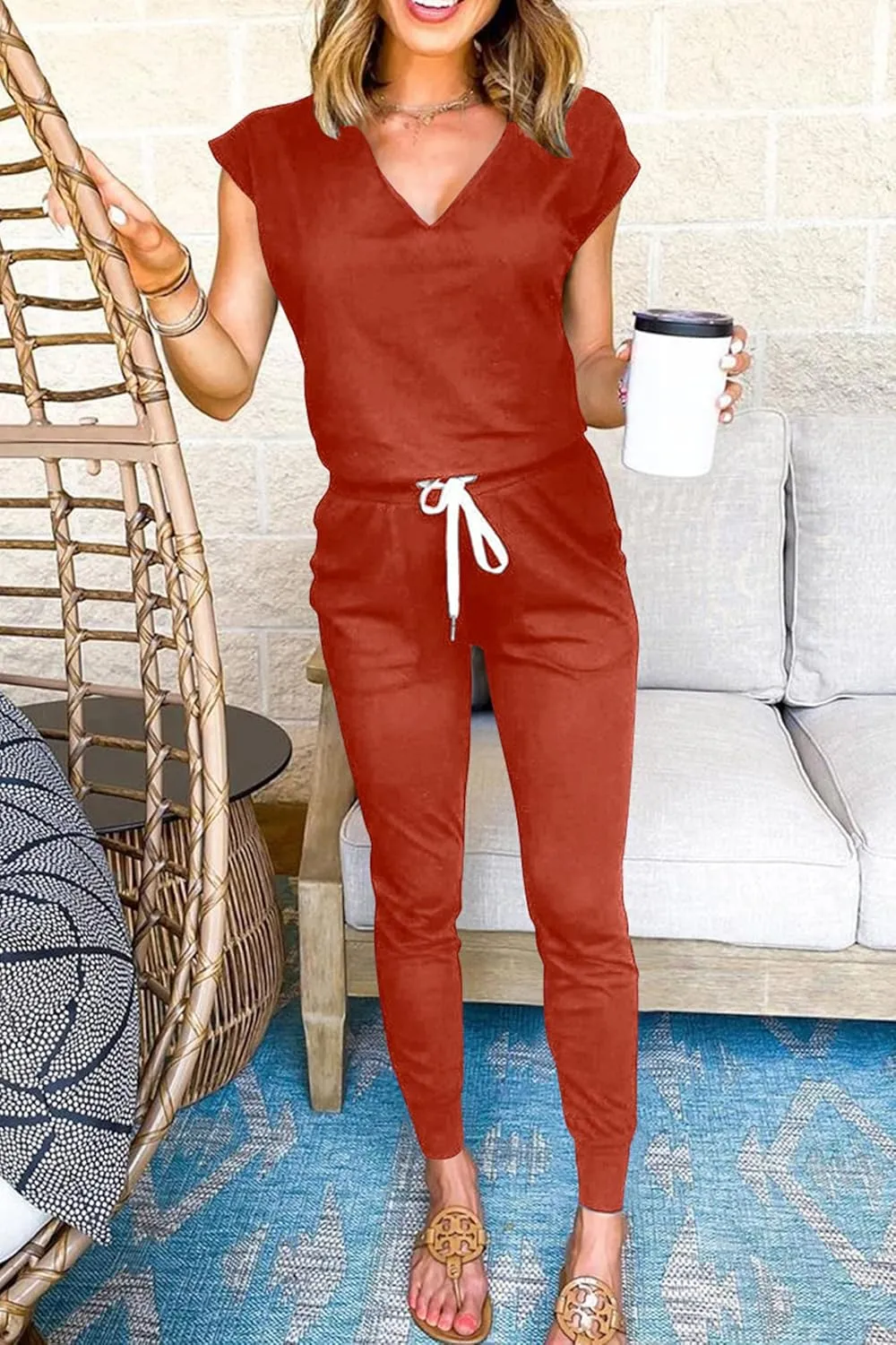 PRETTYGARDEN Women's Two Piece Tracksuit Casual Summer V Neck Short Sleeve Tops Drawstring Jogger Pants Lounge Outfit Sets
