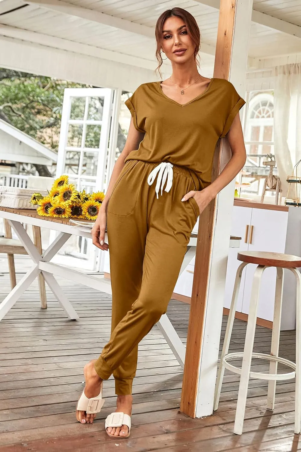 PRETTYGARDEN Women's Two Piece Tracksuit Casual Summer V Neck Short Sleeve Tops Drawstring Jogger Pants Lounge Outfit Sets